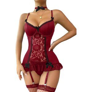 Sexy Floral Lace Garter Belt Babydoll Corset Push Up Burgundy Red Lingerie Set
